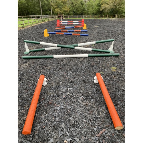 Green, orange, blue and white and red HCF used on horse jumps