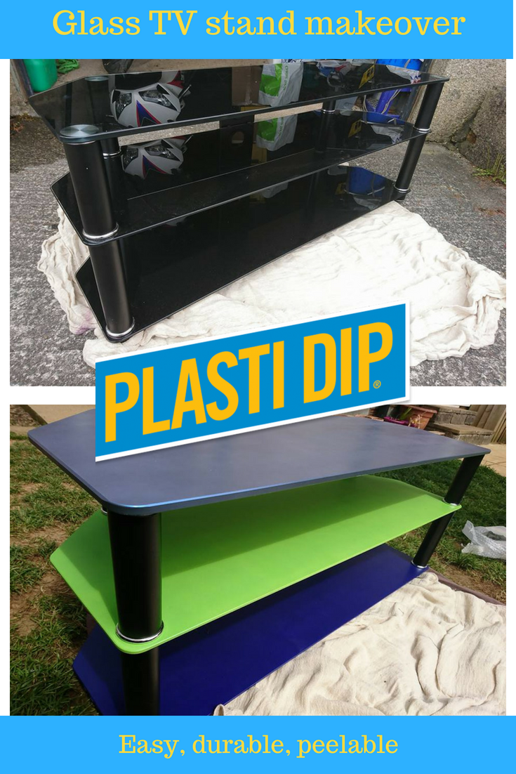 how to give a glass tv stand a completely new colourful look using Plasti Dip