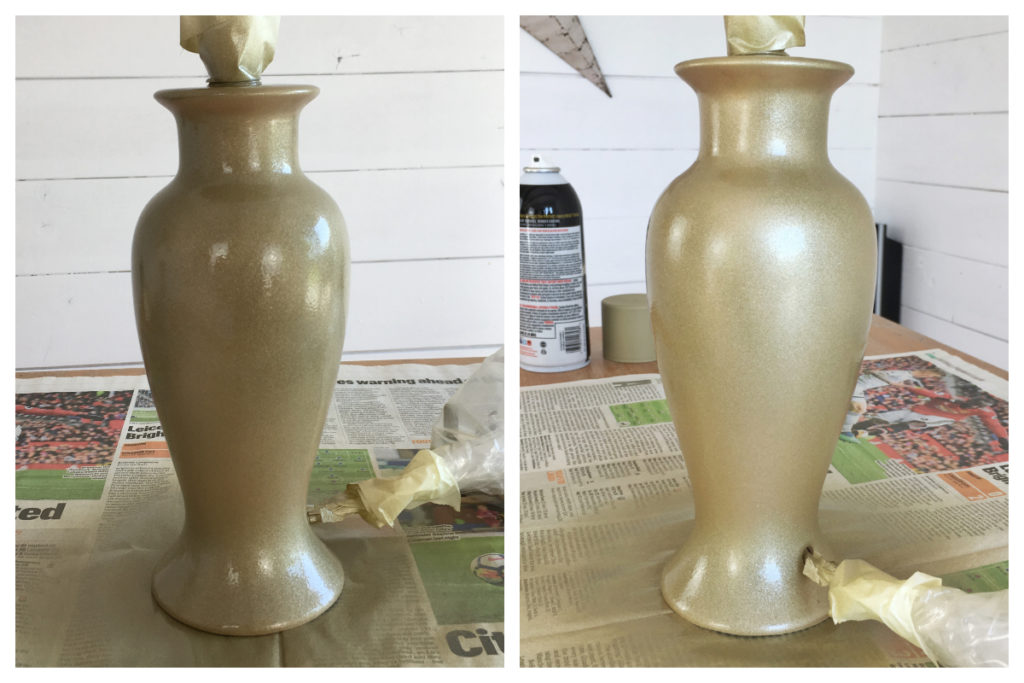 spraying a lamp base with gold plasti dip