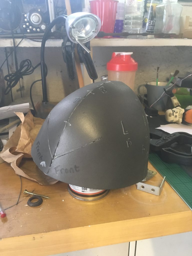 assembling foam parts to make a cosplay helmet